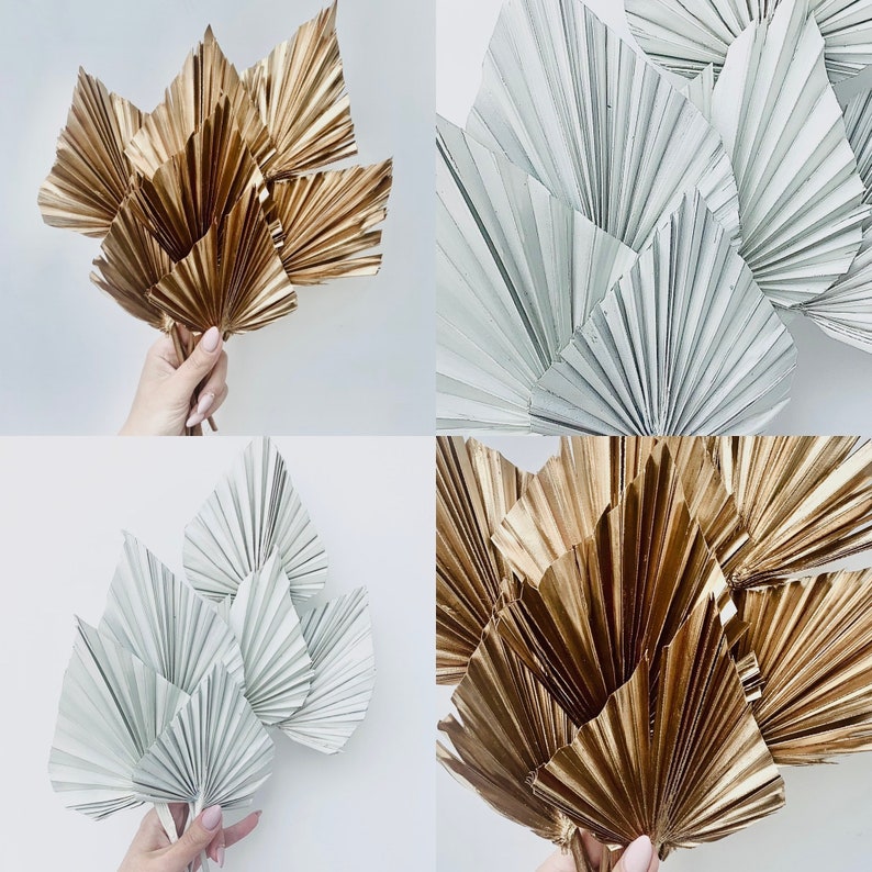 3x Gold / Weiß Getrocknete Palm Speer Blätter / Boho Dekor, getrocknete Vase Blumen, Palmblatt UK, Palm Cake Topper, Palmen Speer Bild 1