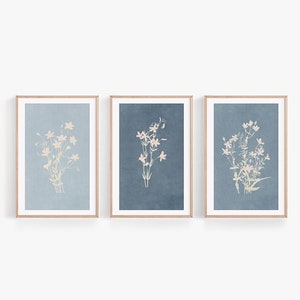 Wildflower Prints Set of 3, Watercolor Botanical, Modern Farmhouse, Rustic Wall Art, Blue, Indigo, Blue flower print set