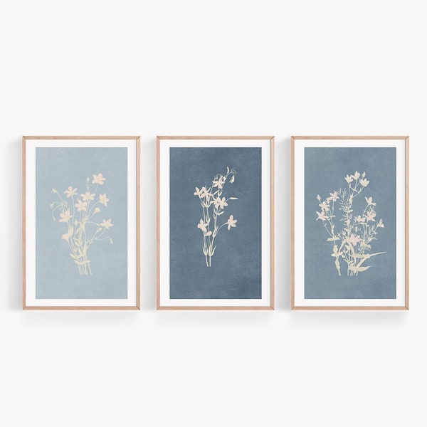 Wildflower Prints Set of 3, Aquarelle Botanique, Ferme moderne, Art mural rustique, Bleu, Indigo, Ensemble d'impression de fleurs bleues