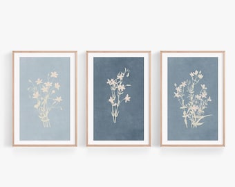 Wildflower Prints Set of 3, Watercolor Botanical, Modern Farmhouse, Rustic Wall Art, Blue, Indigo, Blue flower print set