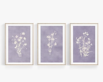 Lavendel Botanische Wandkunst, 3er Set Drucke, Rustikale botanische Wandkunst, Blumenkunst, Florale Wandkunst, Wanddekor, Lila Blumendruck-Set