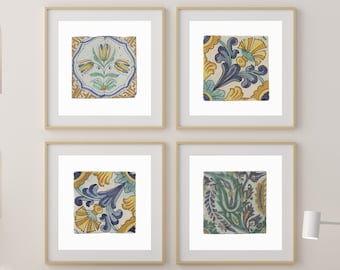 Vintage Tile Prints, Set of 4, Painted Tile Art Farmhouse Decor Portuguese Tile, Rustic Gallery Wall Set Square Prints Moroccan Tile Artwork
