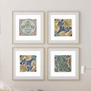 Vintage Tile Prints, Set of 4, Painted Tile Art Farmhouse Decor Portuguese Tile, Rustic Gallery Wall Set Square Prints Moroccan Tile Artwork