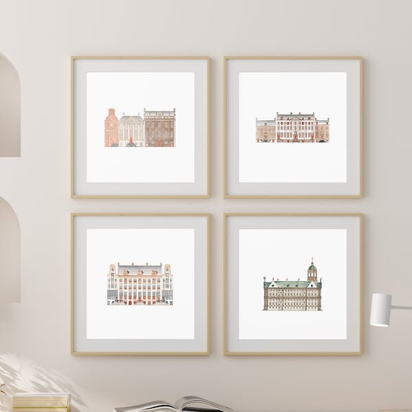 Architectural Illustration, Set of 4 Prints, Ink Sketch, Buildings, Gift for Architecture Student, Classic European, Architectural Design