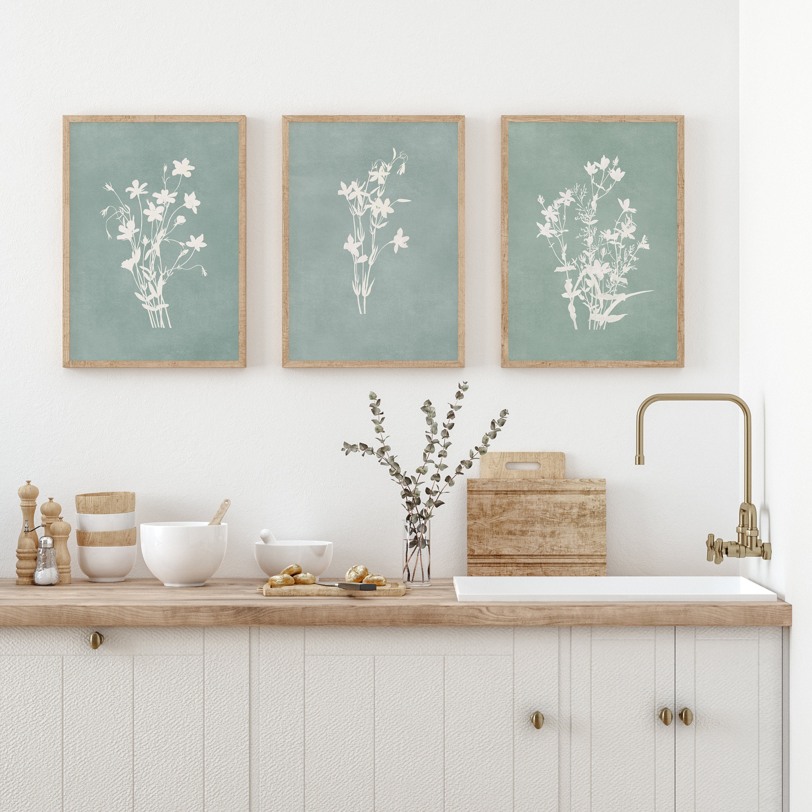 Botanical Wall Art Set of 3 Sage Green Floral Wall Art in a Etsy