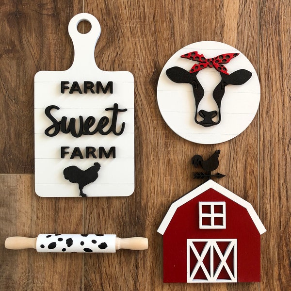 Farm Tiered Tray Set | Barn | Cow | Heifer | Farm Sweet Farm | Cow Rolling Pin | Cutting Board | Wood | Farm Decor | Tiered Tray Decor