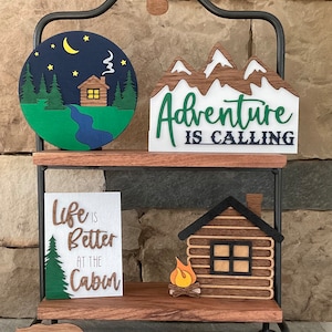 Cabin Tiered Tray Decor, Cabin decor, Adventure decor, Bear, Deer, Fish, Campfire, mountain decor, Wilderness, Cabin, Life is better decor