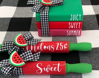 Watermelon Rolling Pins and Mini Books | Watermelon Decor | Summer Decor | Home Decor | Tiered Tray Decor | Wood Books | Kitchen Decor