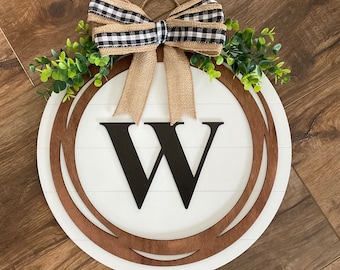 Welcome Door Hanger, Rustic Wood Wreath with Buffalo Check Bow