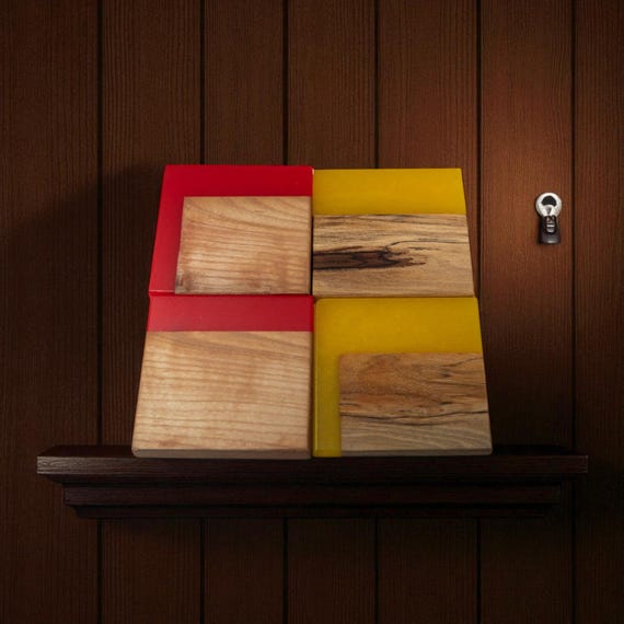 Maple Wood Coasters, Modern Rustic Resin Design | Red Yellow Epoxy | Four Piece Functional Tableware
