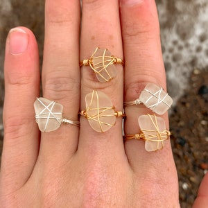 Handmade White Sea Glass Ring: Gold or Silver Plated