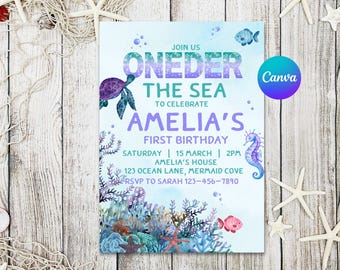 Oneder the Sea Birthday Invitation Printable, Under the Sea Editable Template, 1st Birthday Party Invite, Mermaid Birthday, First Birthday