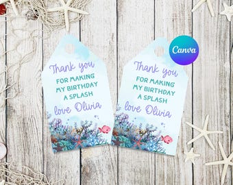 Op de afbeelding: Twee blauwe en groene bedankkaartjes met een zeeleven-thema. De kaartjes hebben de tekst "Bedankt voor het maken van mijn verjaardag een spetterende dag, veel liefs Olivia".