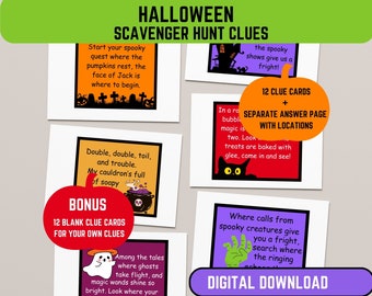 May include: Halloween scavenger hunt clues with text on cards. Includes 12 clue cards, a separate answer page with locations, and 12 blank clue cards. The cards feature Halloween-themed graphics and text, such as pumpkins, ghosts, and cauldrons.