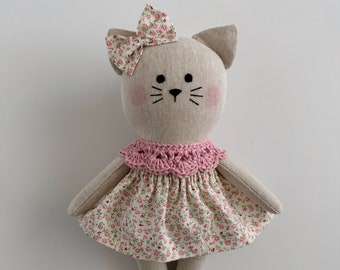 Cat doll with floral dress. Cat doll with removable clothes. Plush toy . Linen doll. Stuffed animals. Unique gift for kids.