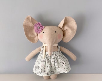 Elephant doll with removable clothes, handmade elephant doll, linen doll, stuffed animals, unique gift for kids, soft toys for kids.