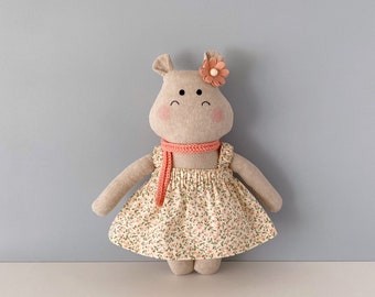 Hippo doll with removable clothes. Hippo doll with floral dress. Linen doll. Handmade hippo doll. Unique gift for kids. Stuffed animals.