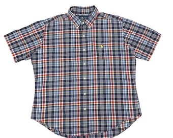 Koszula vintage Ralph Lauren w kratę z krótkim rękawem i guzikami, klasyczny krój, rozmiar LL