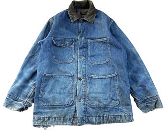 Kurtka jeansowa Sears z lat 70. w stylu vintage, z podszewką z koca | Kurtka w stylu vintage z podszewką z materiału Barn