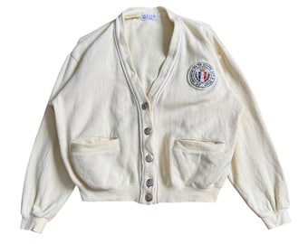 Kardigan Vintage Elle Paris z naszywką z herbem w jasnożółtym kolorze w stylu Preppy Ivy