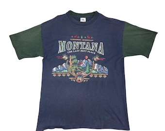 Koszulka Vintage Montana z lat 90., ostatnie najlepsze miejsce, rozmiar L, dwukolorowa, wyprodukowana w USA, pojedynczy ścieg