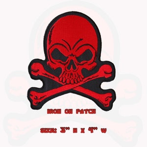 May include: Red skull and crossbones iron-on patch. The skull is red with black details. The crossbones are red with black outlines. The patch is 3 inches high and 4 inches wide. "IRON ON PATCH" and "SIZE: 3" H X 4" W" are printed below the patch.