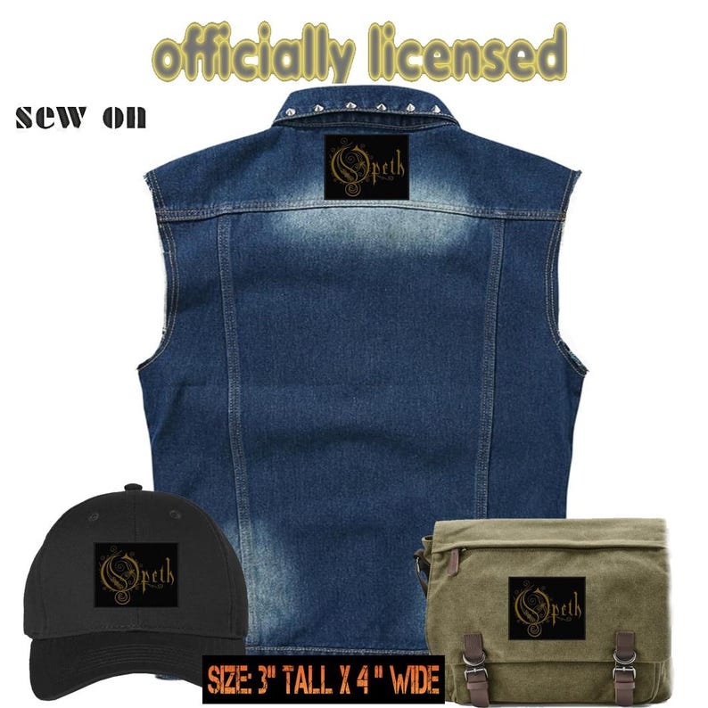 Op de afbeelding: Een blauw spijkergilet met een kraag met studs, een zwarte baseballpet en een olijfgroene canvas schoudertas. Elk item heeft een zwarte vierkante patch met het gouden Opeth-logo. Tekst: officially licensed, sew on, size: 3" tall x 4" wide.