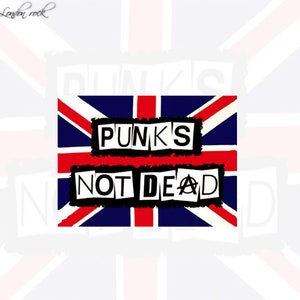 May include: A graphic design featuring the Union Jack flag with the text "PUNK'S NOT DEAD" in a bold, cut-out style. The design includes a black border around the text and a white background.