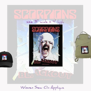 Peut inclure: Patch tissé noir et blanc à coudre avec le logo d'un groupe et le titre d'un album. Le patch mesure 7,6 cm de large et 10,2 cm de haut. Le logo est celui du groupe "Scorpions" et le titre de l'album est "Blackout".