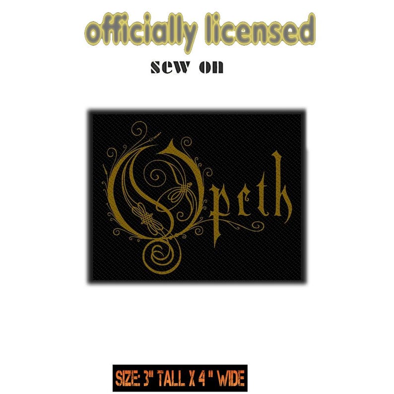 Op de afbeelding: Een rechthoekige zwarte opnaaibare patch met het gouden Opeth-logo en gedetailleerde krullende filigraanpatronen. De tekst officially licensed en sew on staat erboven, en de tekst size: 3" tall x 4" wide staat eronder.