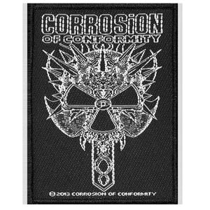 May include: Black patch with the white text "CORROSION OF CONFORMITY" above a detailed white graphic of a skull-like design with spikes and a cross. The text "©2013 CORROSION OF CONFORMITY" is at the bottom.