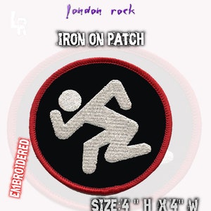 May include: Embroidered iron-on patch featuring a white stylised figure running on a black background with a red border. The patch is 4 inches high by 4 inches wide. "London Rock" and "Iron On Patch" are written in purple text above the patch.