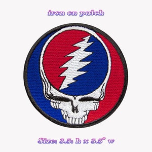 May include: Iron-on patch featuring the Grateful Dead's iconic Steal Your Face logo in red, white and blue. The patch is 3.5 inches in height and width.