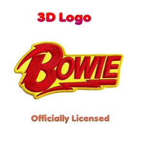May include: Embroidered patch featuring the name "BOWIE" in red, stylized lettering on a yellow background. The patch has a lightning bolt design and the text "3D Logo" and "Officially Licensed".