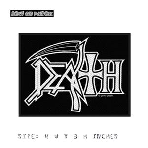 May include: Black patch featuring the word "DEATH" in white, with a scythe and cross design. The patch measures 10 cm wide by 7.6 cm high. The text "© 2010 Death" is visible. The text "sew on patch" is at the top.