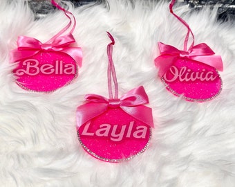 Barbie Inspired Personalized Christmas Ornament | Pink Ornament with Bow | Rhinestone Trim | Stocking Stuffer