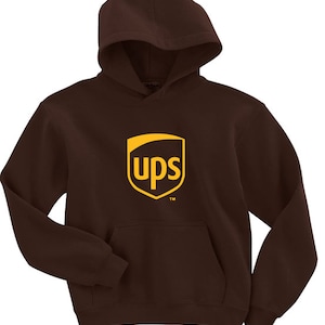 May include: A brown hooded sweatshirt with the UPS logo in yellow on the front.