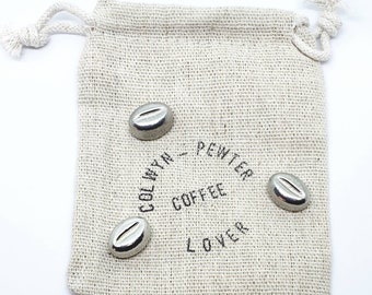 Coffee lover beans. Solid hand poured pewter pocket tokens for the coffee lover secret Santa gift. Coffee stocking filler present for him.