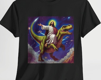 Space Jesus Riding Dinosaur T Shirt UFO Funny T Shirts Offensive T Shirt Cool Graphic T Shirts Crazy Shirts For Men Women Guys Novelty Tee