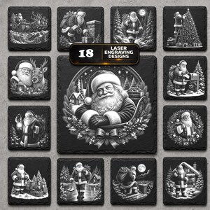 May include: A collection of 18 square black slate coasters featuring laser-engraved Santa Claus illustrations. The central design shows a large portrait of Santa within a wreath, while surrounding tiles depict various holiday scenes with Santa.