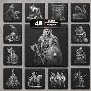 Puede incluir: Una colección de posavasos cuadrados de pizarra negra con 48 diseños de grabado láser con ilustraciones de temática vikinga, incluyendo guerreros, barcos, escudos, hachas y cuervos. Una placa central muestra el texto 48 LASER ENGRAVING DESIGNS.