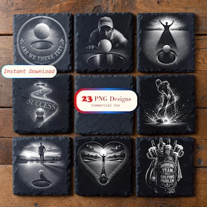 May include: Nine square slate coasters with golf-themed designs. The coasters feature images of golf balls, golfers, and text like "Are we there yet?" and "Success." The coasters are black with white and gray graphics. The image also includes the text "23 PNG Designs Commercial Use."