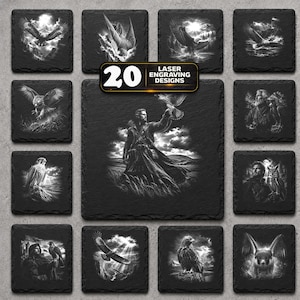 May include: A collection of square black slate coasters featuring 20 distinct laser-engraved designs. The imagery includes various birds of prey, owls, and figures in cloaks interacting with birds, all rendered in high-contrast white on black stone.