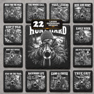 May include: A collection of 22 square slate coasters featuring laser-engraved hunting scenes. Each coaster displays a person aiming a rifle with text such as Built for the Wild, Trail Legend, and Hunt Hard. The designs are monochromatic black and white.