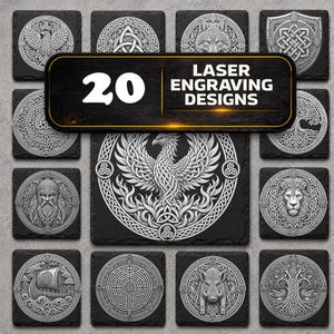 May include: A collection of square black slate coasters featuring 20 laser engraving designs with intricate white Celtic-inspired patterns, including a phoenix, a wolf, a lion, a boar, a Viking ship, a labyrinth, and trees, with text reading 20 LASER ENGRAVING DESIGNS.