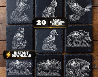 May include: A collection of eight square black slate coasters featuring white laser-engraved animal silhouettes, including a horse, lynx, eagle, owl, fox, boar, cougar, bison, and hedgehog, each filled with a detailed mountain and forest landscape.