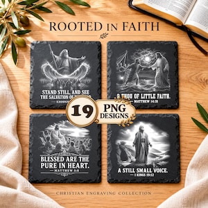 May include: Four square black slate coasters featuring white engraved biblical illustrations and text. The designs include scenes of faith with captions: Stand Still, O Thou of Little Faith, Blessed Are the Pure in Heart, and A Still Small Voice.