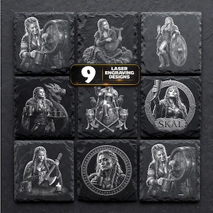 May include: A set of nine square black slate coasters featuring detailed laser-engraved illustrations of Viking-inspired figures, including warriors, musicians, and drinking scenes, with the text 9 LASER ENGRAVING DESIGNS in the center.