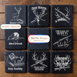 May include: Nine square black slate coasters with hunting-themed designs. Each coaster features a different graphic, including deer, rifles, and text such as "Deer Hunter," "Silent Pursuit," and "Born to Hunt." The image also includes the text "16 PNG Designs Commercial Use."