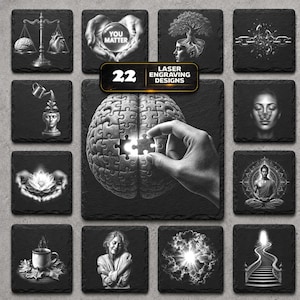 May include: A collection of 22 square black slate coasters featuring laser-engraved designs including a brain puzzle, a scale with a brain and heart, a tree growing from a head, a lotus flower, a coffee cup, and a staircase leading to a bright light.